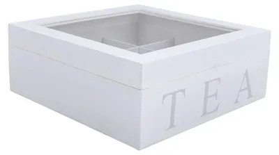 Zdjęcie produktu dla Drewniany organizer do przechowywania herbaty z przezroczystym akrylowym okienkiem, 9 przegródek, ekologiczny pojemnik na torebki herbaty, wielofunkcyjne pudełko do przechowywania, kolor biały