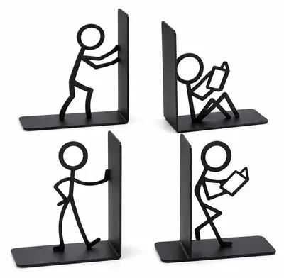 Produktbild von Dekorative Metall Buchstützen, 2 Paar mit 4 verschiedenen Strichmännchen‑Motiven, rutschfeste Buchhalter für Schreibtisch‑ und Bücherregal‑Organisation