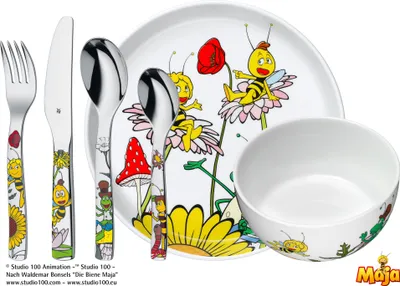 Image de WMF Kinderset 6-teilig Biene Maja, Toddler cutlery set, Blanc, Porcelaine, Acier inoxydable, 3 année(s), 16,5 cm, 18,5 cm