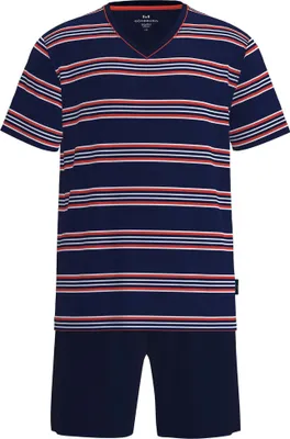 Produktbild von GÖTZBURG Herren Schlafanzug, kurz - Shorty, V-Ausschnitt, gestreift, Baumwolle, Pyjama Blau/Rot M