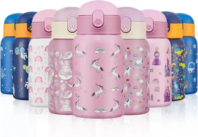 Image de Bouteille d'eau pour enfants, 400 ml, isotherme, en acier inoxydable, sans BPA, avec paille, pour enfants
