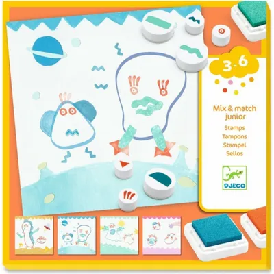 Produktbild von DJECO Stempelset Sticks für Kinder mit 16 illustrierten Karten und 3 Farbkästen