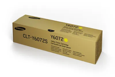 A yellow cardboard box for a Samsung toner cartridge, shown at an angle on a white background.