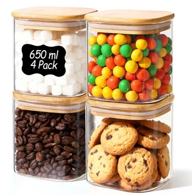 Immagine prodotto di Omgoods - Set di 4 contenitori - Barattoli in vetro da 650 ml - Chiusura ermetica - Resistenti alle temperature - Adatti per la conservazione degli alimenti - Coperchi in bambù - Contenitori per alimenti