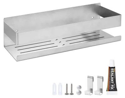 Productafbeelding van Doucheplank zonder boren, 30 cm, roestvrij staal, met 2 haken, 7,5 cm hoog, geborsteld, zilverkleurig