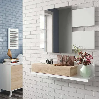 Productafbeelding van Habitdesign, wandmeubel met lade en spiegel, in de kleuren wit en eikenhout