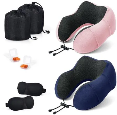 Immagine prodotto di Set ergonomico per il collo a forma di U, realizzato con schiuma viscoelastica al 100%, rivestimento in cotone traspirante (lavabile), mascherina per gli occhi 3D, tappi per le orecchie e sacchetto da viaggio