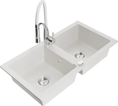 Immagine prodotto di Mexen Mario lavello in granito a 2 vasche con rubinetto da cucina Aster, bianco - 6504-20-73450-02