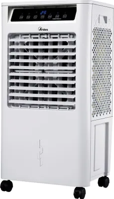 A white portable air cooler on a white background.