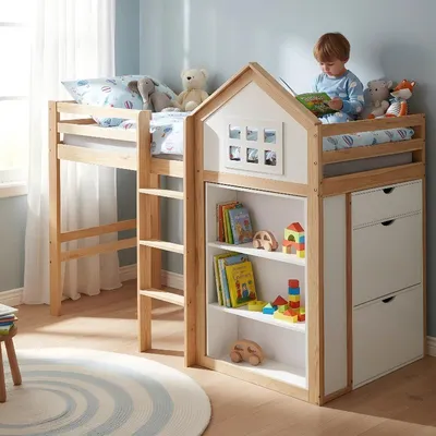 Produktbild von Hochbett 90x200 cm Weiß Natur aus Kiefer, MDF, Sperrholz mit Staufächern und Schubladen, hausförmiges Kinderbett