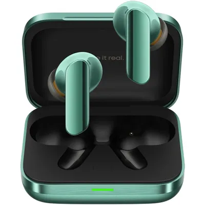 A pair of green wireless earbuds in their charging case.