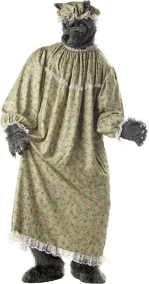 A person in a wolf costume wearing a nightgown and bonnet.