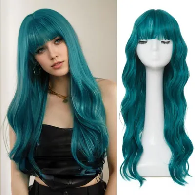 Immagine prodotto di Parrucca da donna, blu, riccia, ondulata, lunga, in fibra sintetica, resistente al calore, ideale per cosplay e Halloween