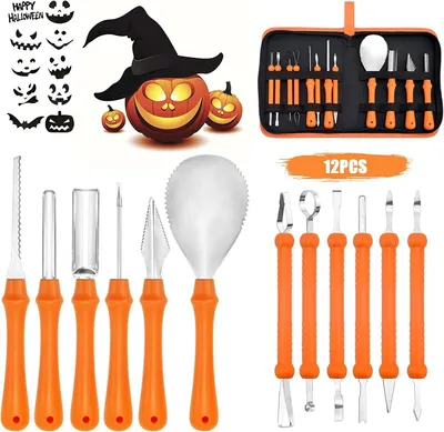 Produktbild von Filiermesser, Welikera Tranchiermesser, 22 Stück Kürbis Schnitzset Halloween Schnitzwerkzeug, 12 Stück Kürbis Schnitzwerkzeug +10 Stück Kürbis Vorlagen, Orange