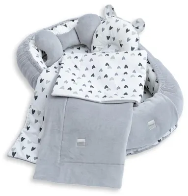 BABYNEST SET 5 tlg. GRAU Samt Velour/ Herzchen Grau Baumwolle Nestchen