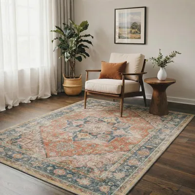 Productafbeelding van Wasbaar vloerkleed voor de woonkamer, 120x170 cm, blauw/rood, rechthoekig, laagpolig, antislip