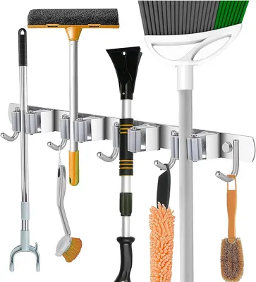 Produktbild von Besenhalter und Organizer aus Edelstahl fš¹r Zuhause, Kš¹che, Garage (4 Positionen und 5 Haken)