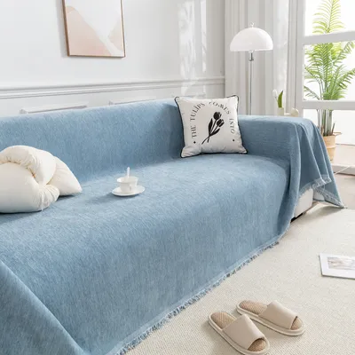 Produktbild von Sofa Überwurfdecke Chenille Sofadecke Sofabezug Kuscheldecke Für 2/3/4-Sitzer Vielseitige Couch Überwurf Für Sofa Mit Quasten, 180*340cm Blau