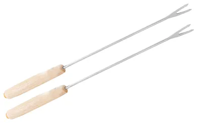 Image de 2 fourchettes en acier inoxydable pour fondue, adaptées pour le fromage, les brochettes pour marshmallows grillés et les fruits, avec un manche en bois, également utilisables pour une fontaine à chocolat