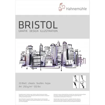 A Hahnemühle Bristol paper pad with a sketch of a city skyline.