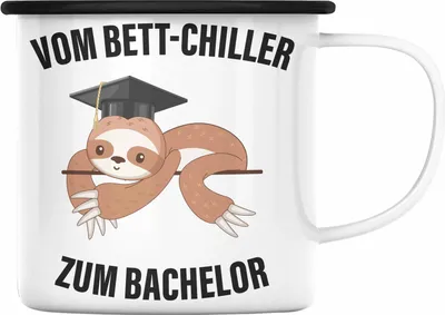 Produktbild von Trendation - Bachelor Geschenk Abschluss Emaille Tasse Spruch Master Abitur Abi Graduation Bestanden Prüfung Vom Bett-Chiller zum Bachelor (Schwarz)