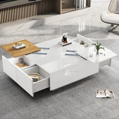 Image de MODFU Table Basse Moderne avec 4 Tiroirs et Plateau Coulissant - Meuble de Salon en MDF, Blanc et Naturel, 75×75×33,5 cm