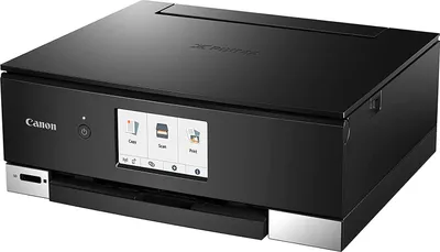 A black Canon PIXMA TS8350a inkjet printer is shown from a slightly elevated front-left angle against a light gray background.