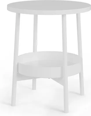 A white side table with a round top and a lower shelf.