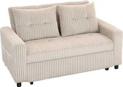 Produktbild von 2-Sitzer Sofabett, Cordbezug, zum Schlafsofa umwandelbar, 2 Kissen, Seitentaschen, 157 x 190 cm, Cremeweiß