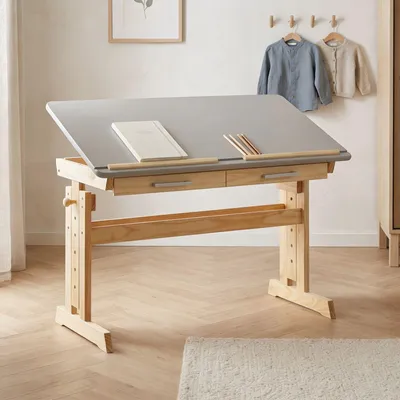 Produktbild von Kinderschreibtisch OLIVIA aus Kiefer in natur/grau, schöner Schülerschreibtisch neigungs- und höhenverstellbar, praktischer Jugendschreibtisch mit Schubladen