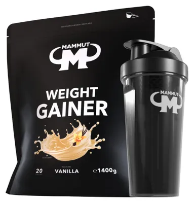 Produktbild von Mammut Nutrition - Weight Gainer 1400 g Beutel - 20 Portionen + GRATIS Protein Shaker, Geschmack: Vanilla