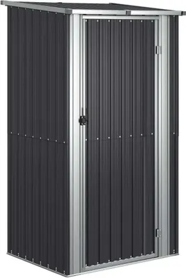 A dark gray metal shed with a silver door frame and handle, shown from the front.