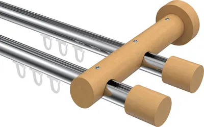 Produktbild von Interdeco Innenlaufstange / Gardinenstange mit Innenlauf Chrom / Buche lackiert, Typ Talent Feta (Kappe), 20 mm Ø 2-läufig, 120 cm