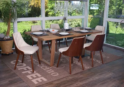 Image de lot de 6 chaises de salle à manger HWC-A75, chaise de cuisine visiteur, aspect noyer bois courbé ~ similicuir crème