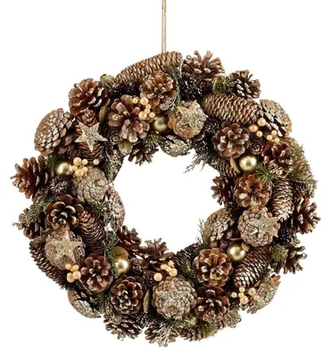 Zdjęcie produktu dla Wieniec świąteczny Mica Decorations Brant, wysokość 9 cm, średnica 45 cm – wieniec z gałązek i szyszek – dekoracja na drzwi i stół – wielofunkcyjna dekoracja świąteczna – kolor brązowy