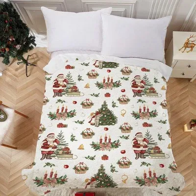 Zdjęcie produktu dla Unyqoos® Kołdra świąteczna w stylu Sherpa – miękka, ciepła kołdra dwustronna wykonana z mikrofleesu i materiału przypominającego wełnę owczą (sherpa), z świątecznym motywem, idealna na kanapę i jako prezent