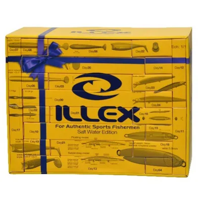 A yellow box with a blue ribbon, containing fishing lures, presented as an advent calendar.