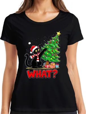 Produktbild von WHAT? schwarze Katze Weihnachten lustig Weihnachtsbaum Geschenke Damen T-Shirt, Schwarz, 3XL