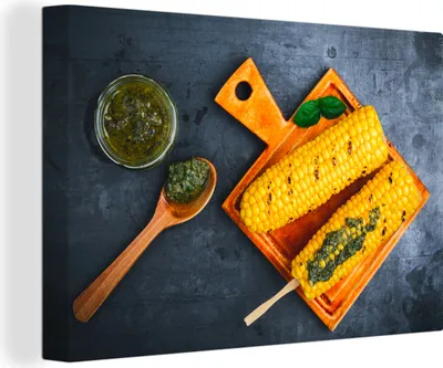 Produktbild von OneMillionCanvasses® - Leinwandbilder - 150x100 cm, Gegrillte Maiskolben mit Pestosauce, Wandbilder Kunstdruck Wanddekoration