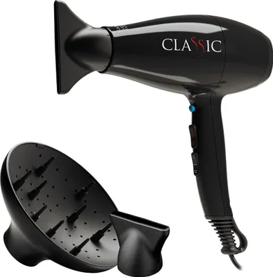 A black hair dryer with attachments on a white background.