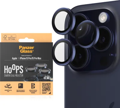 Zdjęcie produktu dla PanzerGlass ® Hoops® Metal Camera Lens Protector Blue iPhone 15 Pro | 15 Pro Max, Apple, Apple - iPhone 15 Pro, Apple - iPhone 15 Pro Max, Aplikacja na sucho, Odporny na zadrapania, Odporny na wstrząsy, Niebieski, 1 szt.