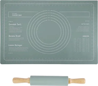 Produktbild von 2-teiliges Silikon-Backmatten- Und Nudelholz-Set, 40 X 60cm, rutschfeste Silikonmatte, Knetmatte, Thekenmatte, Teigmattenwaage Zum Backen Zu Hause (Grün)