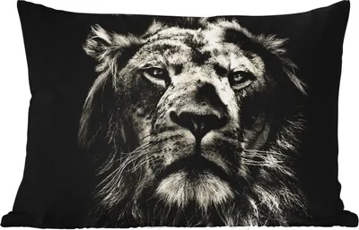Produktbild von MuchoWow® Outdoor Kissen - Löwe - Tiere - Porträt - Wildtiere - Schwarz und weiß - 60x40 cm - Wetterfest - Lounge Kissen - Zierkissen - Kissen für Innenräume