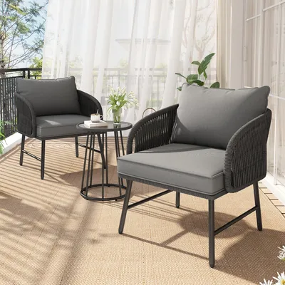 Produktbild von Balkonset Balkonmöbel-Set Gartenmöbel-Set handgeflochtenes Seil Glastischplatte Bistroset, 2 Stühle 1 Tisch Terrassenmöbel für Terrasse Garten Balkon