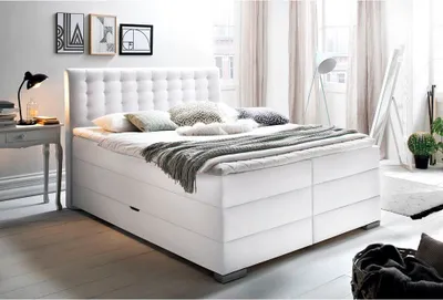 Produktbild von Boxspringbett 180x200 cm inkl. seitlich klappbaren Bettkasten LORETOPLUS-114 in Weiß, Härtegrad H3