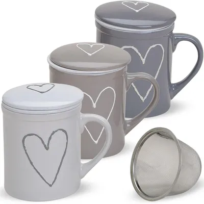 Imagen del producto de Juego de dos tazas de té con tapa y colador, estilo rústico, con motivos de corazones