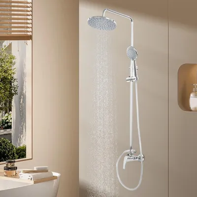 Zdjęcie produktu dla Miedziany system prysznicowy z kranem 20 cm okrągła deszczownica 85-123 cm z regulacją wysokości zimny i gorący zestaw prysznicowy (srebrny)