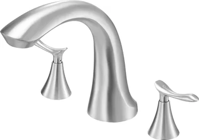A bathroom faucet set with a high arc spout and two handles, shown against a white background.