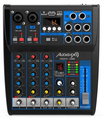 Image de Audibax MG04 : Table de mixage USB avec 4 canaux, Bluetooth, lecteur MP3, enregistrement USB et effets