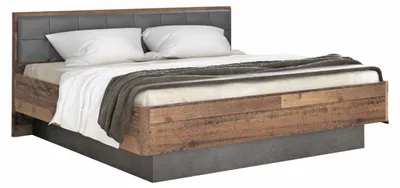 Doppelbett CLIF 180 x 200 cm in Old Wood Vintage mit dunkelgrauem Betonsockel, Gesamtansicht von vorne.